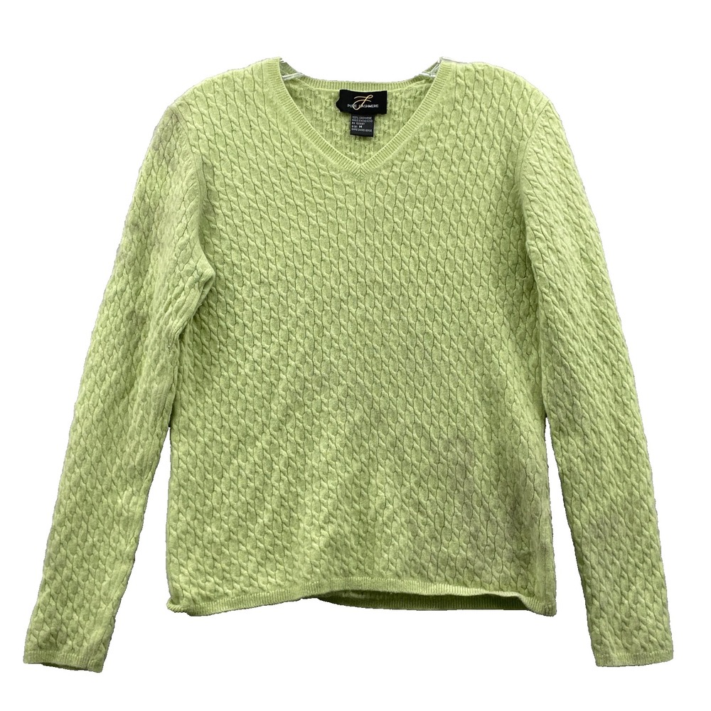 Vintage Pure Cashmere Sweater Womens Med Green Cable Knit Preppy Tennis Academia